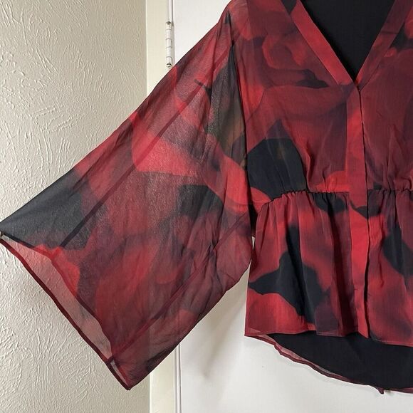 ALICE + OLIVIA Red floral chiffon cinch waist v-neck kimono sleeve blouse small - Picture 2 of 5